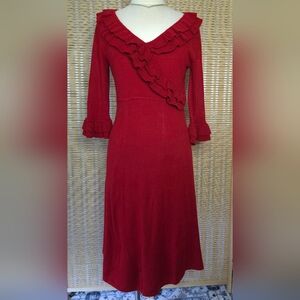 Lipstick Red Ultra-Soft Knit Ruffled Curve Hugging Midi Dress with 3/4 Sleeves